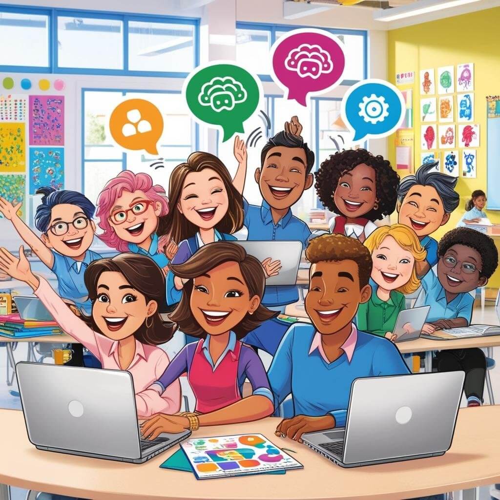 Diverse students and teachers happily using laptops and AI-assisted learning tools in a vibrant, modern classroom.